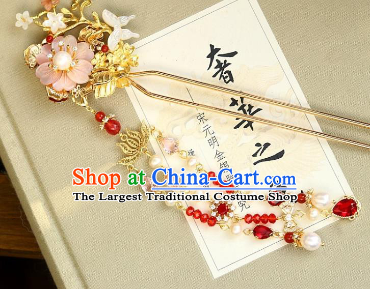 Chinese Ancient Queen Tassel Hairpin Traditional Ming Dynasty Empress Pink Peach Blossom Hair Stick