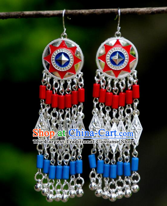 Chinese Yannan Ethnic Woman Earrings Handmade Cheongsam Ear Jewelry National Silver Bells Tassel Ear Accessories