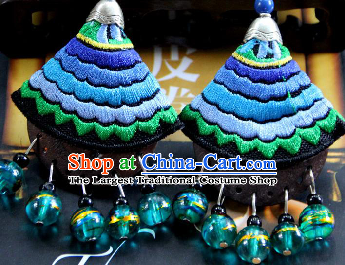 Chinese Yannan Ethnic Woman Earrings Handmade Embroidered Blue Ear Jewelry National Ear Accessories