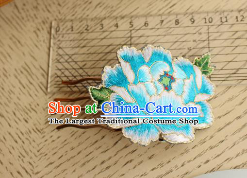 China Handmade National Embroidered Blue Peony Hair Comb Classical Cheongsam Hairpin