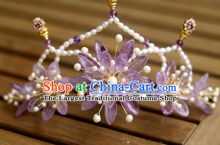 Chinese Ancient Empress Amethyst Chrysanthemum Hairpin Traditional Song Dynasty Court Pearls Hair Crown