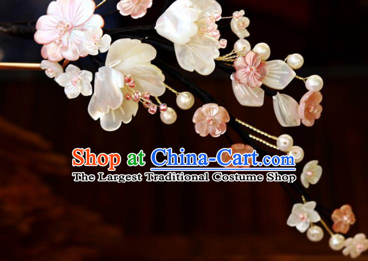 Chinese Ancient Princess White Shell Flowers Hairpin Traditional Song Dynasty Court Lady Pearls Hair Stick