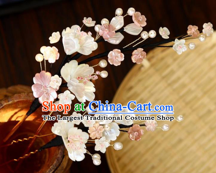 Chinese Ancient Princess White Shell Flowers Hairpin Traditional Song Dynasty Court Lady Pearls Hair Stick