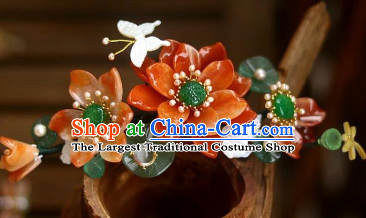 Chinese Ancient Queen Jade Hairpin Traditional Song Dynasty Empress Red Lotus Hair Crown