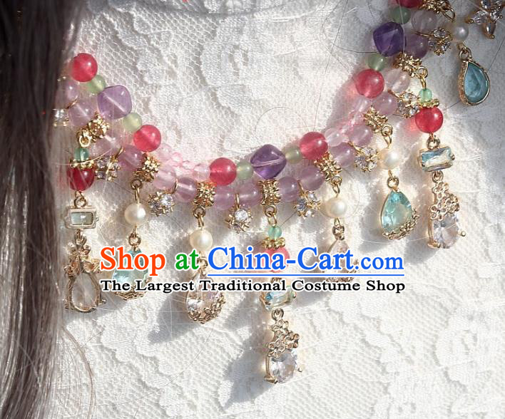 China Traditional Ming Dynasty Amethyst Necklace Handmade Ancient Princess Crystal Tassel Necklet Accessories