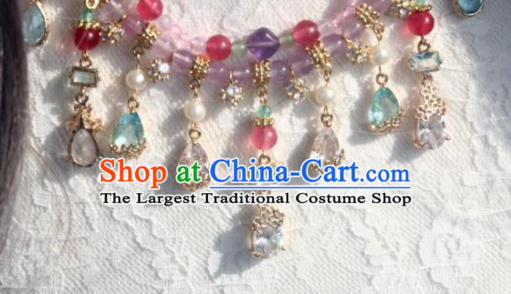 China Traditional Ming Dynasty Amethyst Necklace Handmade Ancient Princess Crystal Tassel Necklet Accessories