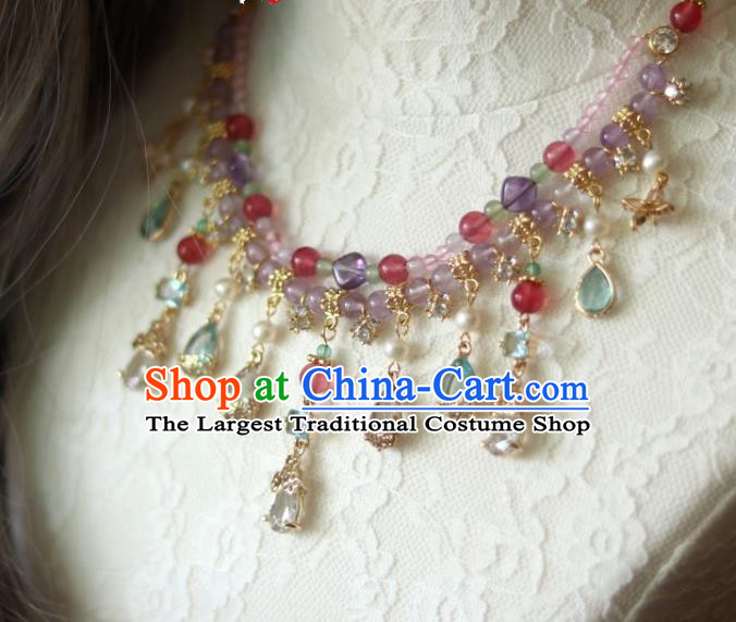 China Traditional Ming Dynasty Amethyst Necklace Handmade Ancient Princess Crystal Tassel Necklet Accessories