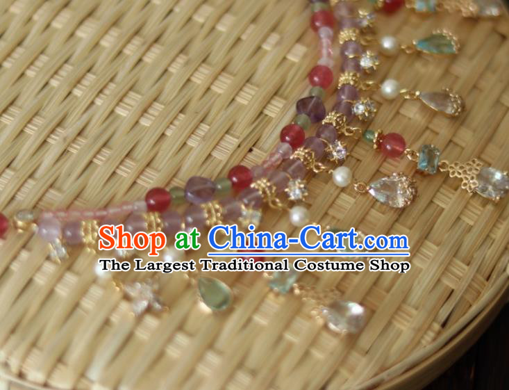 China Traditional Ming Dynasty Amethyst Necklace Handmade Ancient Princess Crystal Tassel Necklet Accessories