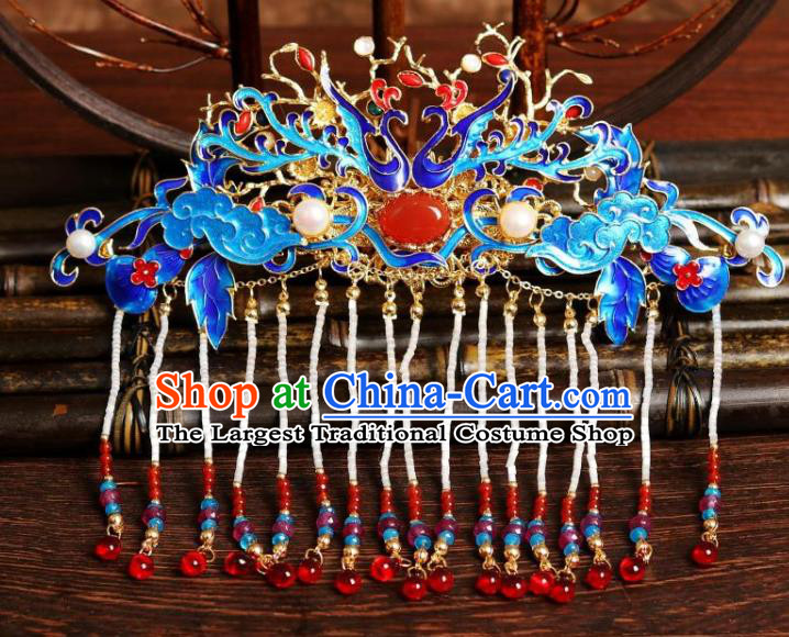 Chinese Ancient Palace Lady Beads Tassel Hairpin Traditional Ming Dynasty Imperial Concubine Blueing Phoenix Hair Crown