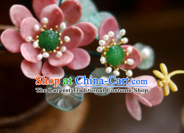 Chinese Ancient Princess Red Lotus Hairpin Traditional Song Dynasty Jade Pearls Hair Stick