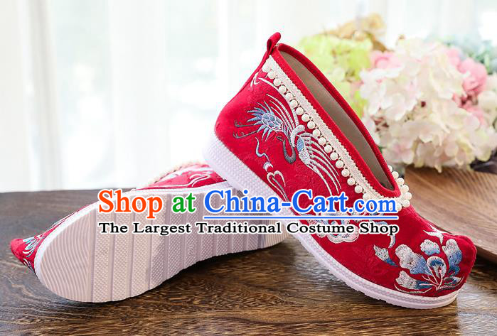 China Ancient Ming Dynasty Shoes National Embroidered Crane Red Shoes Traditional Hanfu Pearls Shoes