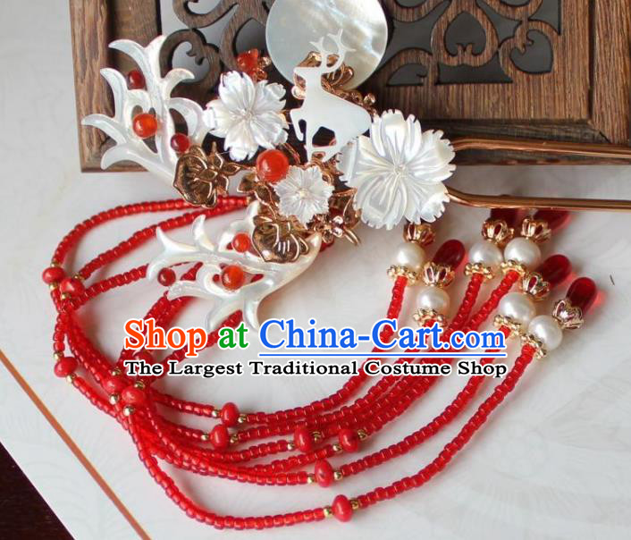 Chinese Ancient Palace Lady Shell Hairpin Traditional Tang Dynasty Princess Red Beads Tassel Hair Stick