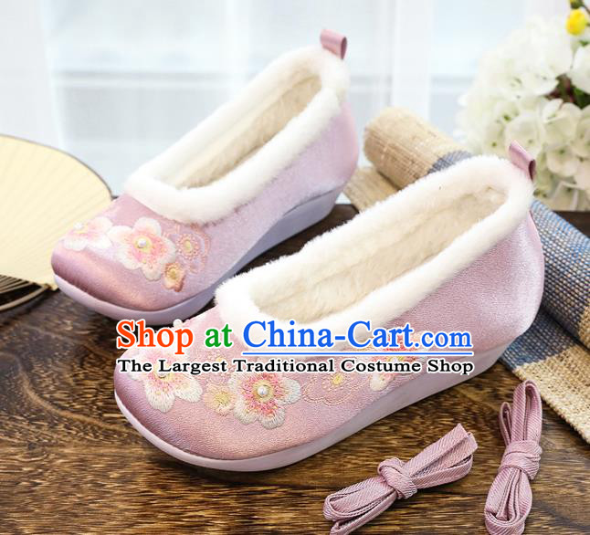 China National Embroidered Plum Blossom Shoes Traditional Pearls Shoes Handmade Ming Dynasty Winter Pink Shoes