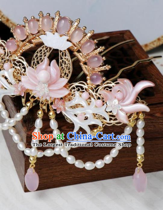 Chinese Ancient Princess Pearls Tassel Hairpin Hanfu Hair Accessories Traditional Tang Dynasty Pink Chalcedony Hair Crown