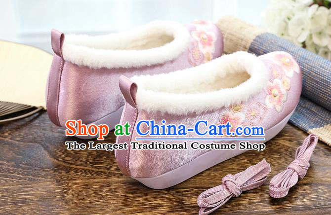 China National Embroidered Plum Blossom Shoes Traditional Pearls Shoes Handmade Ming Dynasty Winter Pink Shoes