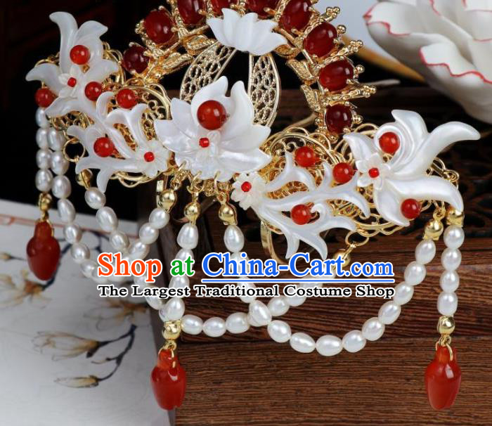 Chinese Ancient Princess Shell Lotus Hairpin Hanfu Hair Accessories Traditional Tang Dynasty Agate Hair Crown