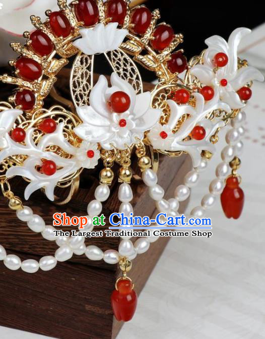Chinese Ancient Princess Shell Lotus Hairpin Hanfu Hair Accessories Traditional Tang Dynasty Agate Hair Crown