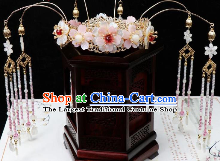 Chinese Ancient Princess Hair Accessories Hairpin Traditional Tang Dynasty Shell Flowers Tassel Hair Crown