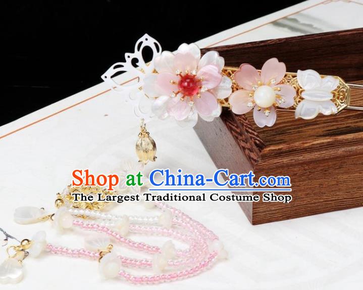 Chinese Ancient Princess Beads Tassel Hairpin Traditional Tang Dynasty Shell Sakura Hair Stick