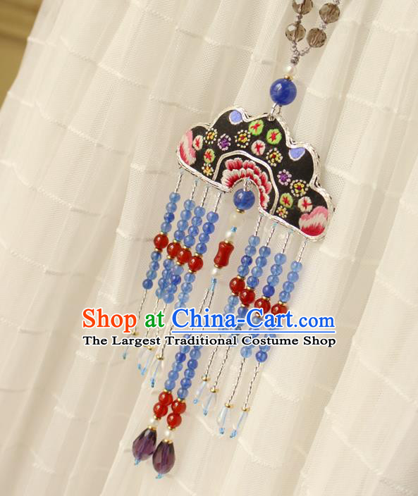 China Handmade Embroidered Necklet Traditional Cheongsam Blue Beads Tassel Necklace Accessories