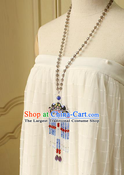 China Handmade Embroidered Necklet Traditional Cheongsam Blue Beads Tassel Necklace Accessories