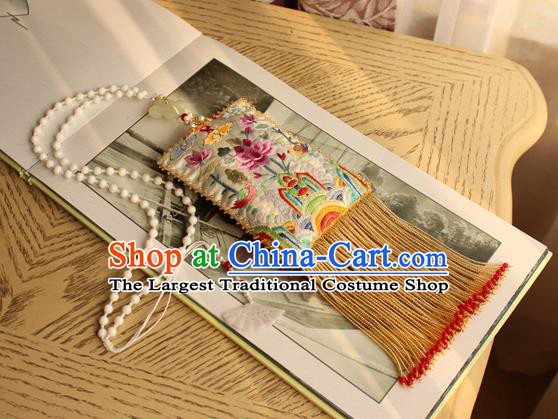China Handmade Double Side Embroidered Lotus Necklet Traditional Cheongsam Yellow Beads Tassel Necklace Accessories