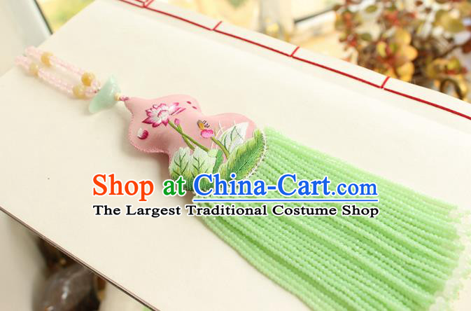 China Handmade Embroidered Pink Gourd Sachet Necklet Accessories Traditional Cheongsam Green Beads Tassel Necklace