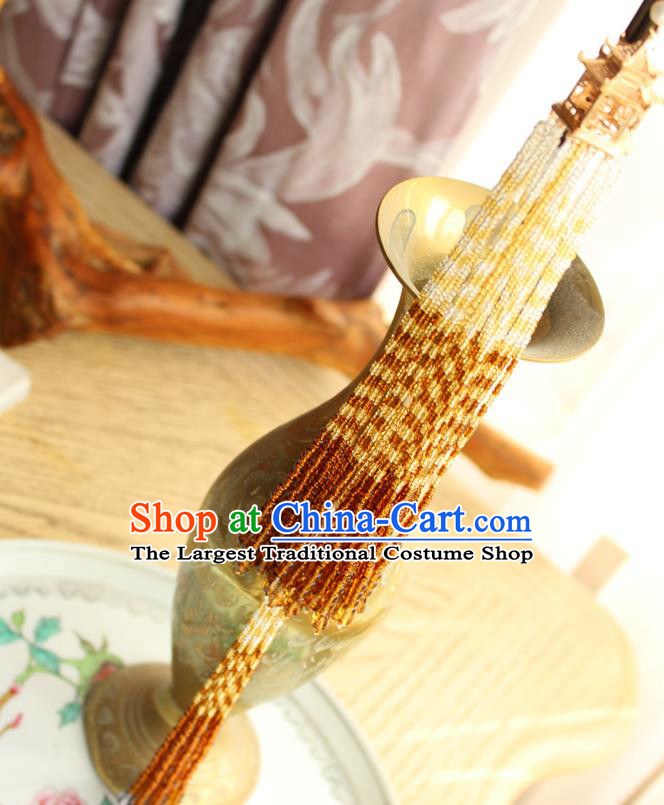 Chinese National Beads Tassel Pendant Classical Qipao Dress Golden Pavilion Brooch