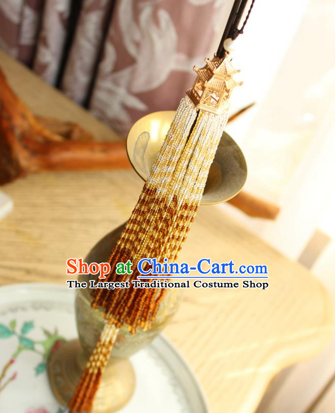 Chinese National Beads Tassel Pendant Classical Qipao Dress Golden Pavilion Brooch