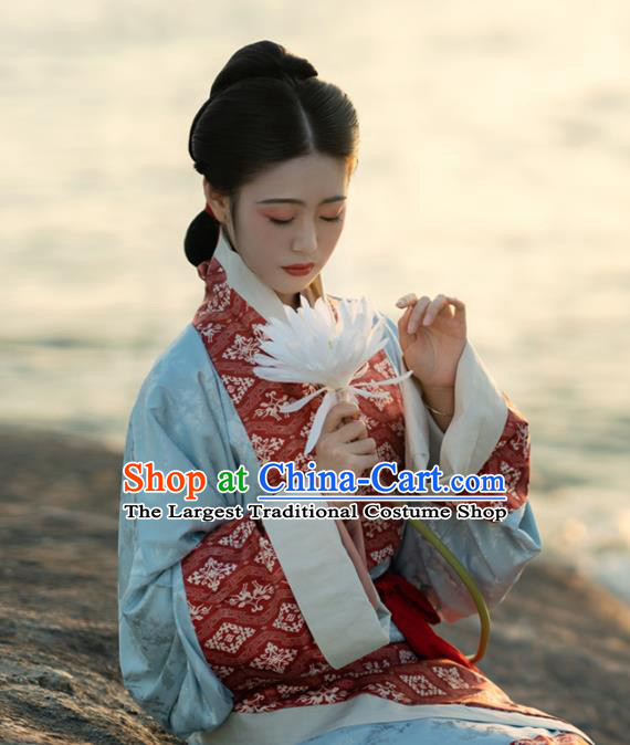 China Traditional Han Dynasty Palace Lady Blue Hanfu Dress Ancient Royal Princess Historical Clothing