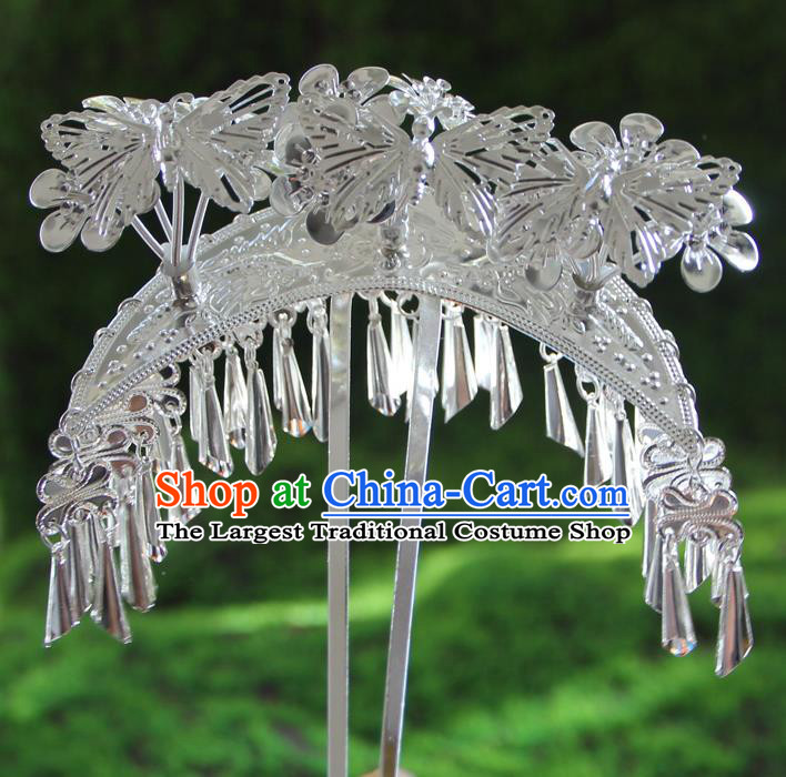 China Handmade Ethnic Folk Dance Hair Stick Miao Nationality Silver Butterfly Hairpin