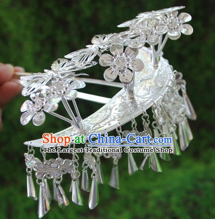 China Handmade Ethnic Folk Dance Hair Stick Miao Nationality Silver Butterfly Hairpin
