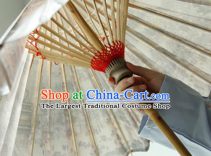 China Traditional Hanfu Brown Umbrella Classical Dance Umbrellas Handmade Riverside Scene at Qingming Festival Painting Oil Paper Umbrella