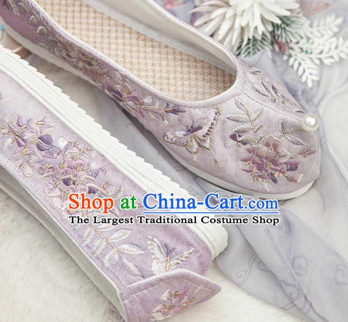 Chinese Embroidered Wisteria Butterfly Shoes Handmade Lilac Cloth Shoes Traditional Hanfu Shoes