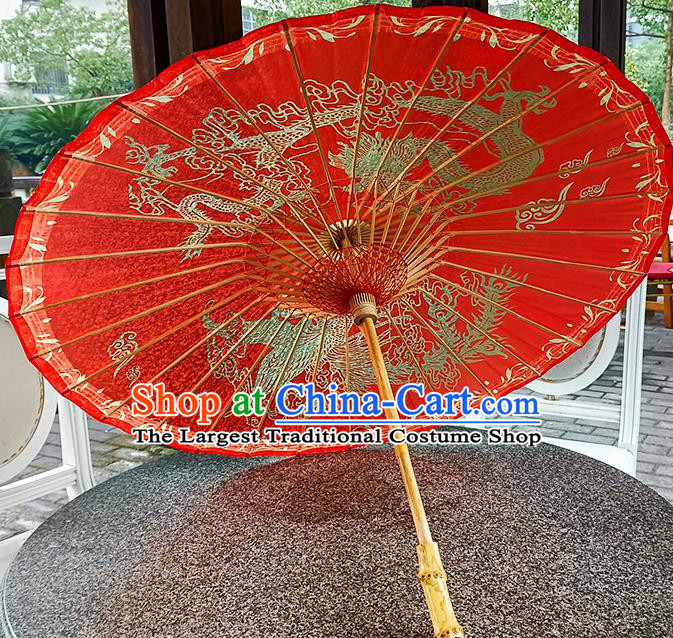 China Classical Wedding Umbrella Hand Painting Phoenix Dragon Umbrella Traditional Red Oilpaper Umbrella Craft