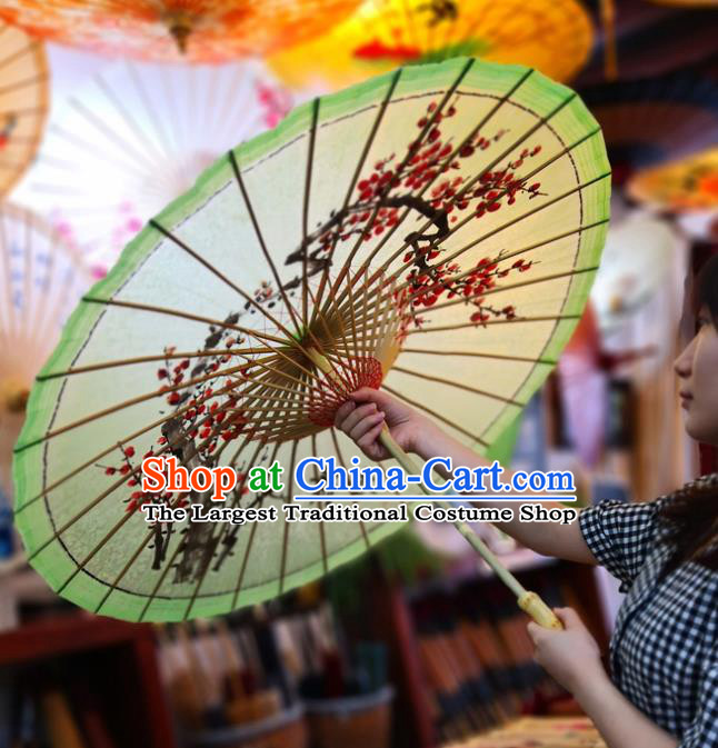 China Classical Dance Green Oil Paper Umbrella Traditional Hanfu Oilpaper Umbrella Hand Ink Painting Plum Umbrella