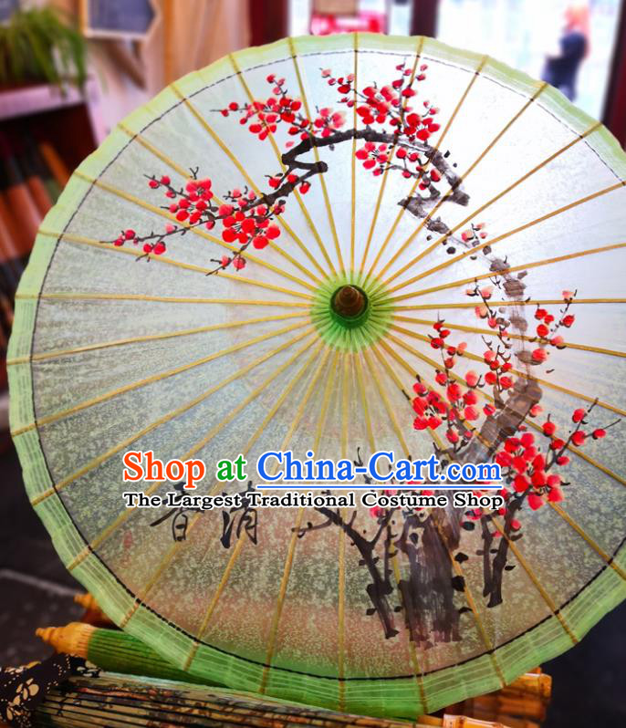 China Classical Dance Green Oil Paper Umbrella Traditional Hanfu Oilpaper Umbrella Hand Ink Painting Plum Umbrella