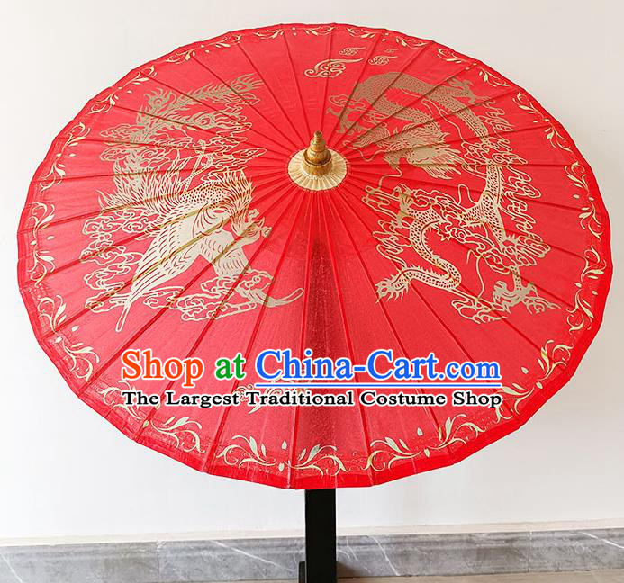 China Classical Wedding Umbrella Hand Painting Phoenix Dragon Umbrella Traditional Red Oilpaper Umbrella Craft