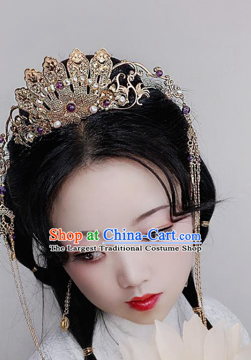 China Ancient Princess Hair Accessories Handmade Traditional Ming Dynasty Court Golden Peony Hair Crown