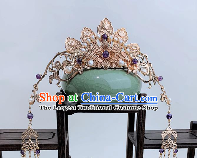 China Ancient Princess Hair Accessories Handmade Traditional Ming Dynasty Court Golden Peony Hair Crown