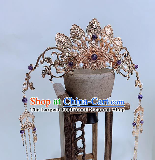 China Ancient Princess Hair Accessories Handmade Traditional Ming Dynasty Court Golden Peony Hair Crown