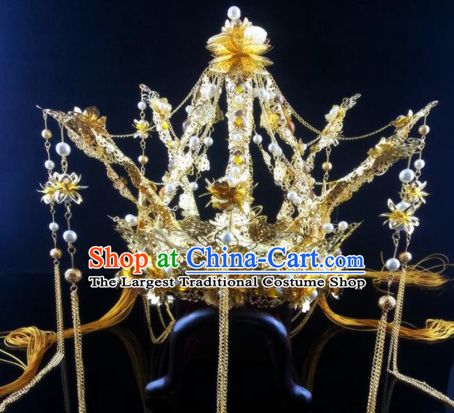 China Ancient Goddess Phoenix Coronet Headwear Handmade Traditional Cosplay Queen Golden Tassel Hair Crown