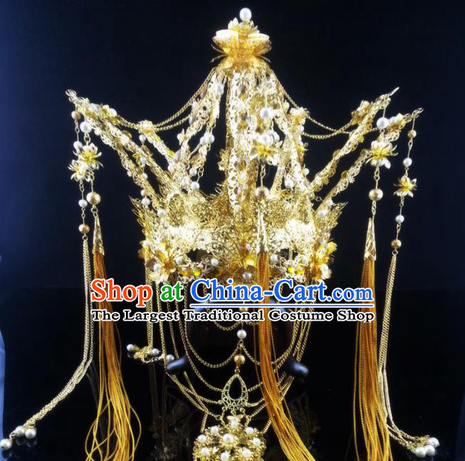 China Ancient Goddess Phoenix Coronet Headwear Handmade Traditional Cosplay Queen Golden Tassel Hair Crown