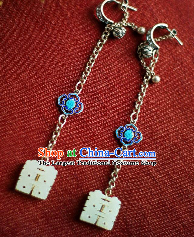 China Traditional Cheongsam Cloisonne Silver Ear Accessories National Wedding Jade Earrings