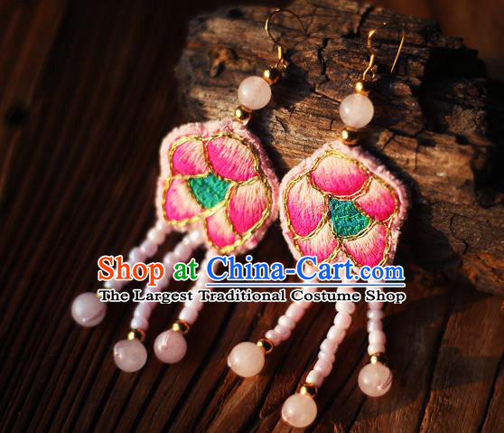 China Traditional Cheongsam Pink Beads Tassel Ear Accessories National Embroidered Earrings