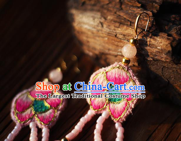 China Traditional Cheongsam Pink Beads Tassel Ear Accessories National Embroidered Earrings