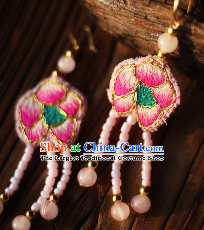 China Traditional Cheongsam Pink Beads Tassel Ear Accessories National Embroidered Earrings