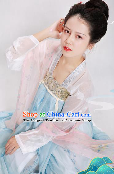 China Traditional Tang Dynasty Palace Lady Historical Clothing Ancient Court Beauty Blue Hanfu Dress