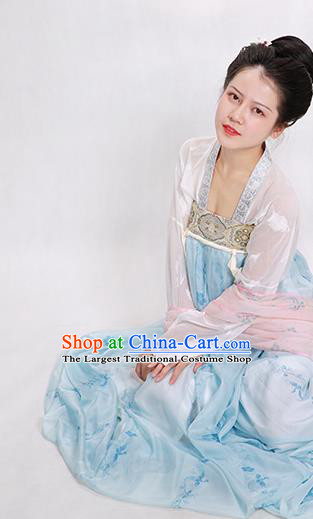 China Traditional Tang Dynasty Palace Lady Historical Clothing Ancient Court Beauty Blue Hanfu Dress