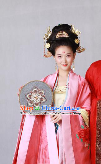 China Ancient Tang Dynasty Court Beauty Embroidered Hanfu Dress Wedding Historical Costumes and Headpieces Complete Set